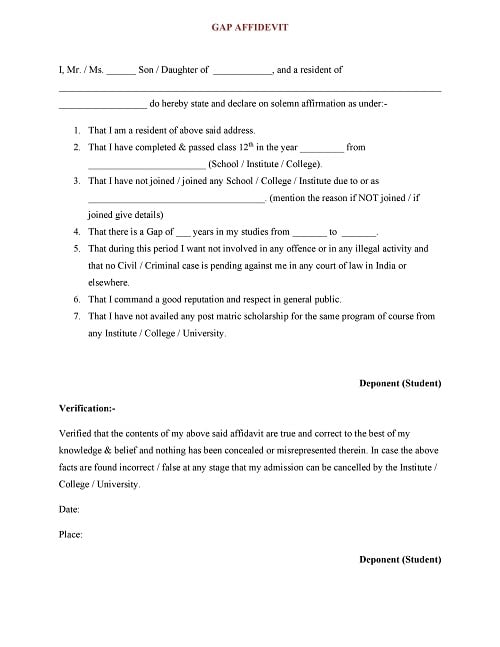 GAP Affidevit Certificate for College Admission