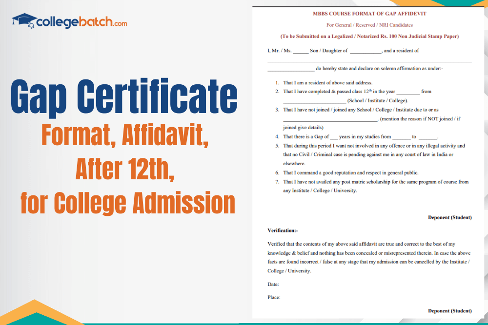 Gap Certificate Format, Affidavit, After 12th, for College Admission