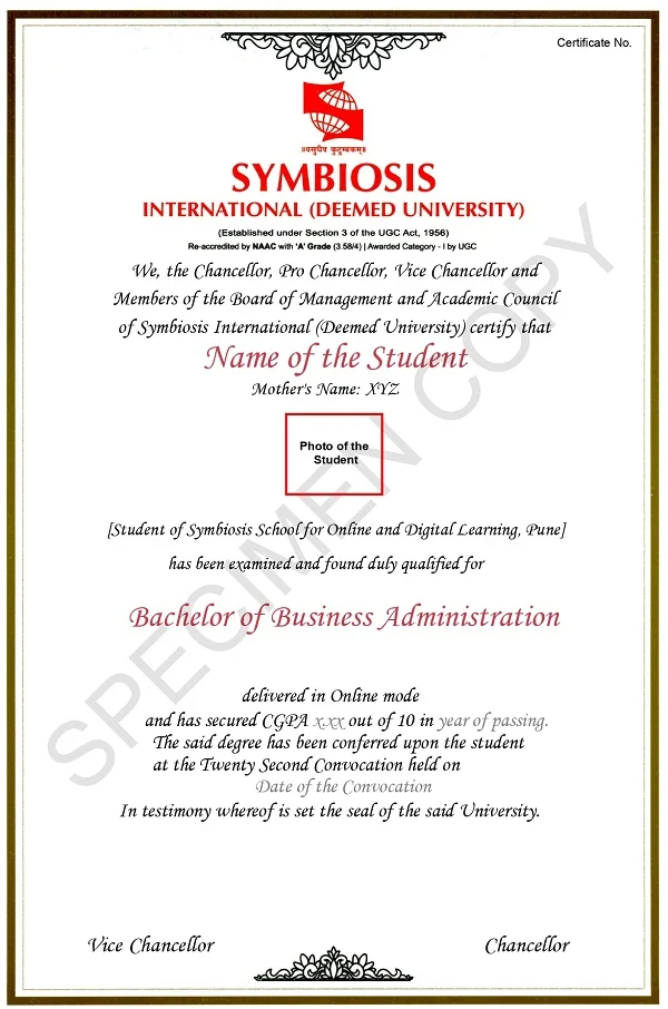 Symbiosis Online BBA Sample Certificate