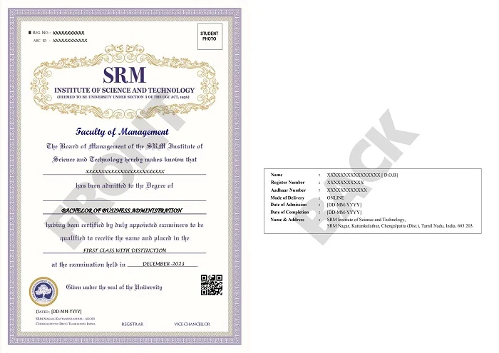 SRM Online BBA Sample Certificate