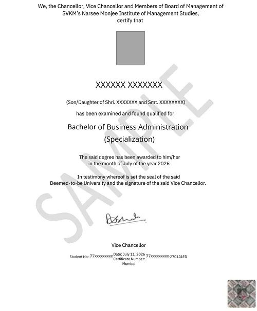 NMIMS Online BBA Sample Certificate
