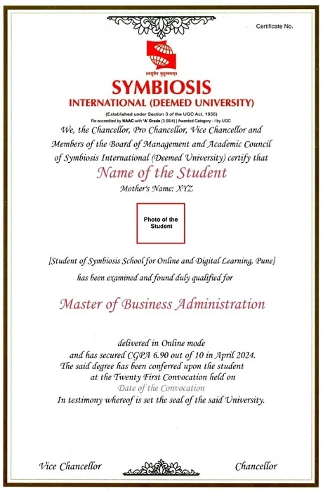 Symbiosis Online MBA Sample Certificate