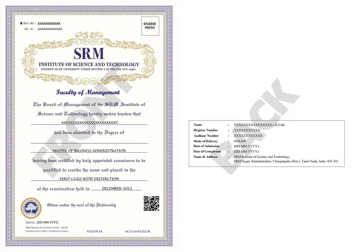 SRM Online MBA Sample Certificate