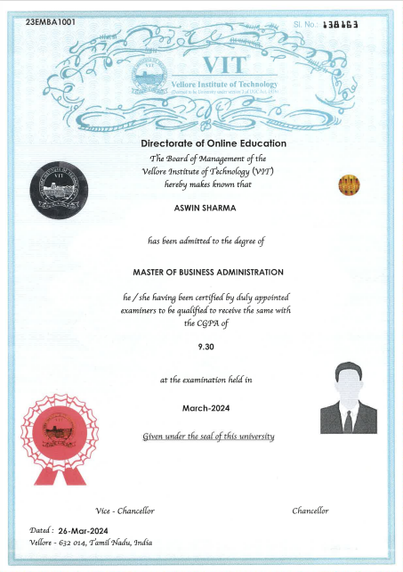 VIT Online MBA Certificate