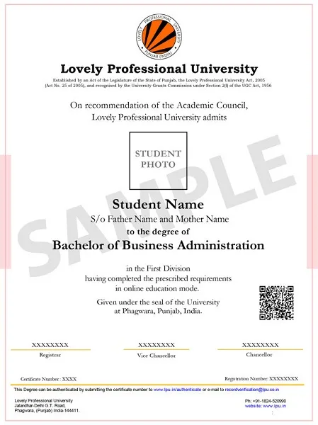 LPU Online BBA Certificate