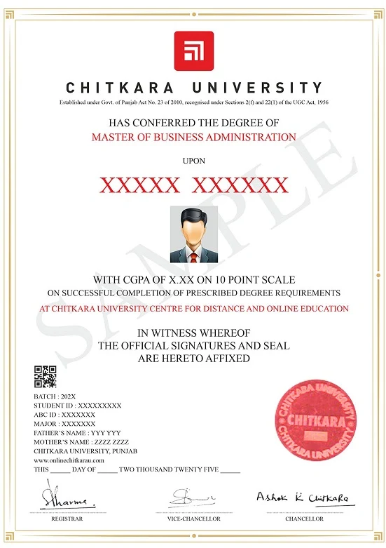 Chitkara Online BBA Sample Certificate