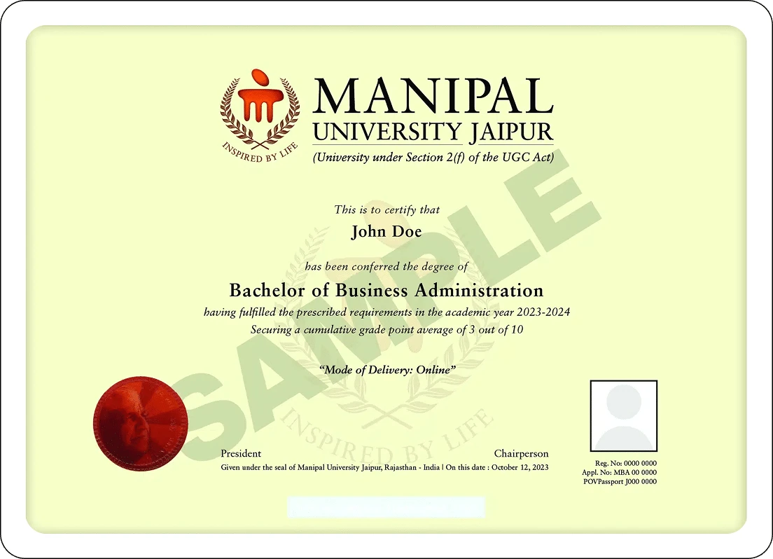 Manipal Online BBA Sample Certificate